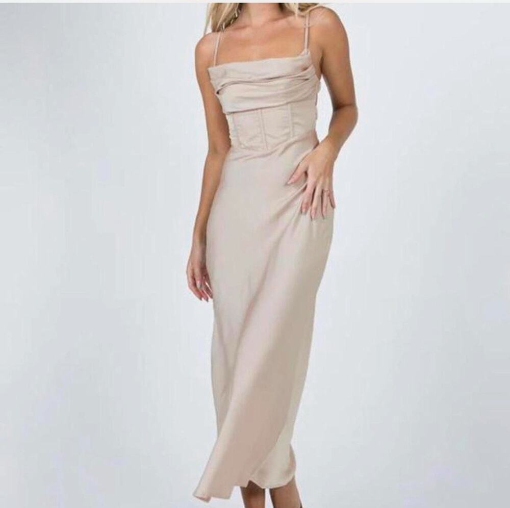 Princess Polly Lillie Beige Corset Satin Midi Dress - Size 2